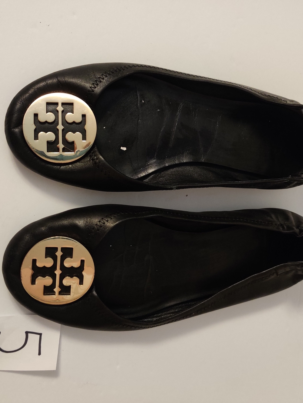 Tory Burch Black Leather Logo Ballet Flats with Gold Emblem